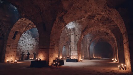 Dark Vaulted Basement Interior With Candles
