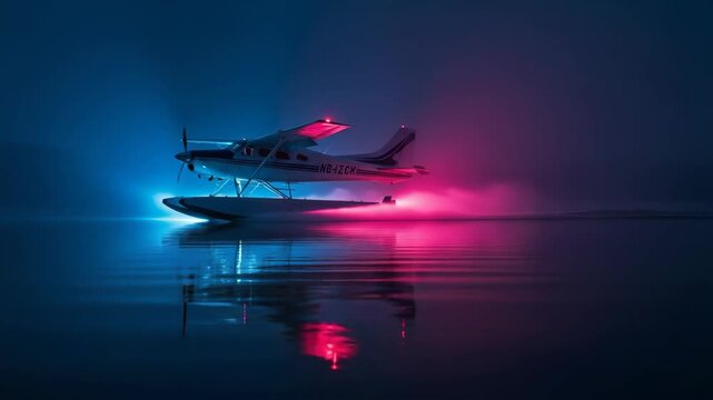 Seaplane Resting on Water Lit by Vibrant Neon Lights Night