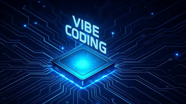 Futuristic processor chip glows bright blue on circuit board and text vibe coding, symbolizing ai, tech power, and quantum energy. Script runner, digital focus