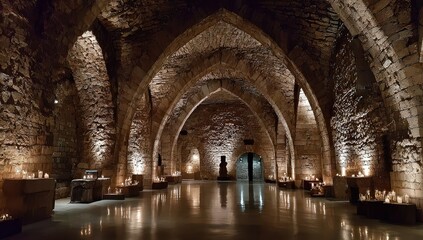 Fototapeta premium Dark Vaulted Stone Hallway In Ancient Museum