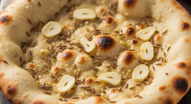 Close up of baked flatbread with garlic slices and cumin seeds naan