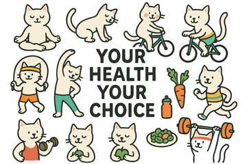 fun fitness and wellness for cats running, yoga, healthy food, and exercise healthy lifestyle icon