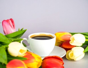 Coffee cup surrounded by tulips