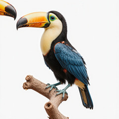 Fototapeta premium Colorful Toucan Perched on Branch: A vibrant toucan, with its large, colorful beak and striking plumage, perches elegantly on a weathered branch.