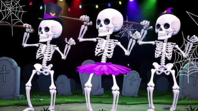 A trio of whimsical skeletons in festive costumes dancing in a spooky graveyard at night for a Halloween celebration.