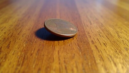Copper coin on a wooden table