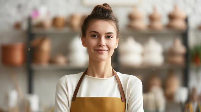 A young woman happily engaged in pottery, wearing an apron, surrounded by clay creations, reflecting creativity, passion, and the joy of artistic expression in her workshop.