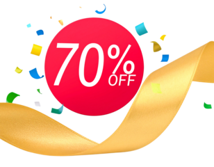 Colorful Discount Gift Card with Floating 70% Off Icon and Ribbon, Diagonal Composition, isolated transparent background png