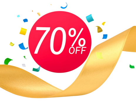 Colorful Discount Gift Card with Floating 70% Off Icon and Ribbon, Diagonal Composition, isolated transparent background png