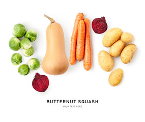 Fresh autumn vegetables flat lay composition photography isolated on white background