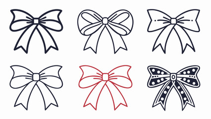 Six Stylish Outline Bow Illustrations:  Black, Red, and Polka Dot Designs, Perfect for Gift Wrap, Packaging, and Festive Projects.