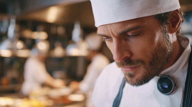 Medium shot featuring a chefs concentrated face and glutensensor device the device in crisp focus as the bustling kitchen environment fades softly behind.
