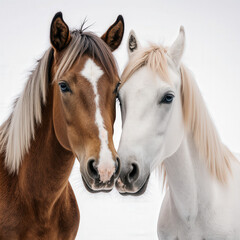 Obraz premium Grace and Majesty: Two horses, one a striking chestnut and the other a pristine white, stand side-by-side, their heads touching, conveying a sense of companionship, beauty, and serenity.