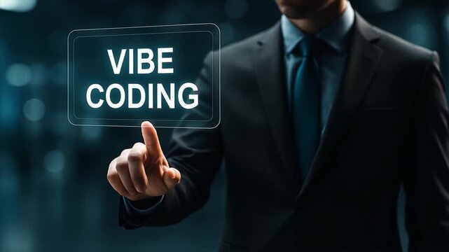 Man in gray suit touching translucent digital screen and text vibe coding, reflecting script runner and digital focus in modern ui concept - Powered by Adobe