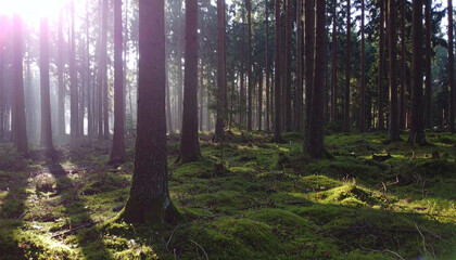 Soft morning light streaming through pine trees in misty forest with glowing mossy floor and peaceful green surroundings