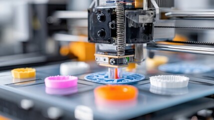 A closeup of a 3D printer module designed for creating optical components in microgravity featuring vibrant materials being extruded into intricate lens shapes with floating tools and