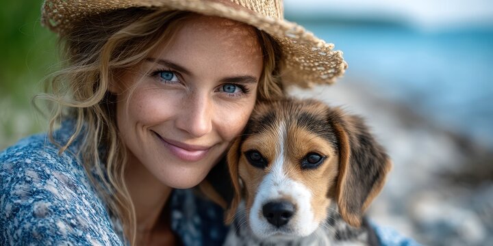 Smiling woman with dog enjoying a sunny day at the beach by the water's edge