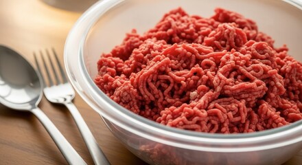 Freshly Ground Red Meat in a Clear Bowl with Utensils on a Wooden Table