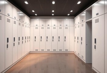 Sleek minimalist locker room with modern design features, shower, luxury