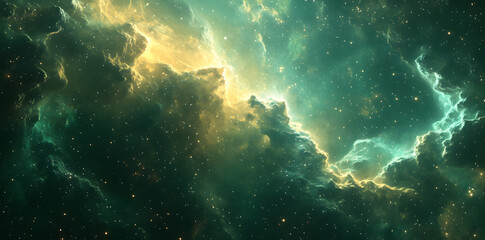 Obraz premium Vibrant green space nebula with intricate 3D textures, surrounded by dark cosmic clouds and shining star constellations, set within a sprawling milky way galaxy background of outer space.