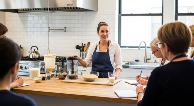 Woman teaching a class about food preparation in a bright kitchen