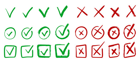 Ideal for presentations or infographics, showcasing approval and disapproval with green check marks and red x marks in different styles.