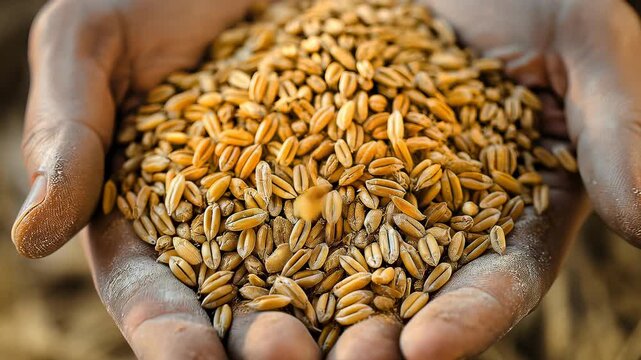 Hands cradling grains in a close-up shot, symbolizing the importance of agriculture, sustainability, and the human connection to nature and nourishment through generations.