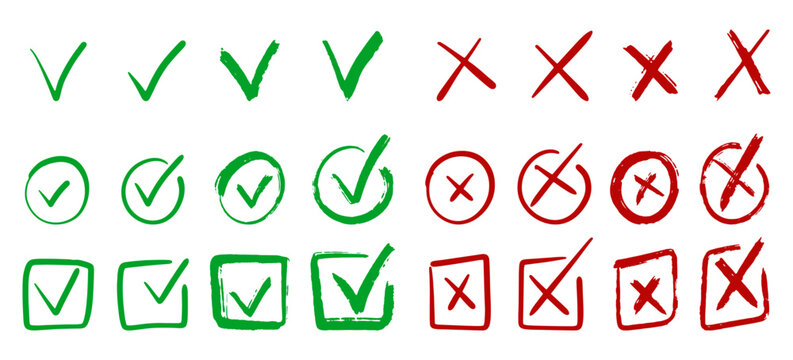 Ideal for presentations or infographics, showcasing approval and disapproval with green check marks and red x marks in different styles.
