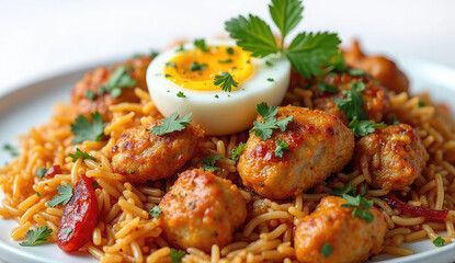 Fototapeta premium Delicious Chicken Meatballs with Thin Pasta and Egg