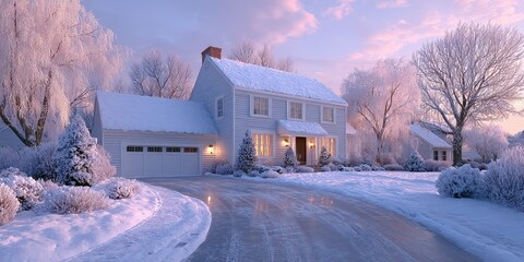 Charming winter evening at a snowy house with a warm glow of lights in a tranquil neighborhood
