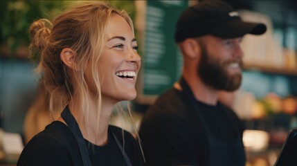 Dynamic medium shot highlighting the cheerful expressions of new cafe owners blending nutrientrich smoothies with the softly blurred Nutrition Hub sign setting a healthy tone.