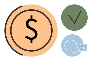 Large dollar symbol on orange circle, green checkmark, blue face silhouette with speech wave. Ideal for finance, authentication, verification, trust, technology AI compliance. Simple flat metaphor