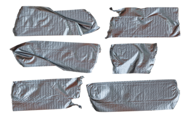 Silver gray wrinkled duct tape pieces, white background. For design use in detailed close-up. High-resolution adhesive tape set for repair, fix, craft, sealing applications across multiple industries