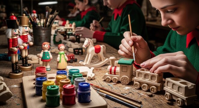 Young crafters meticulously paint wooden toys in a festive workshop scene