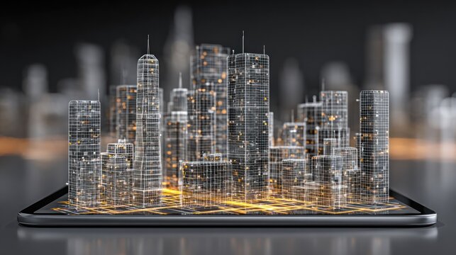 3D city model with glowing points displayed on a tablet