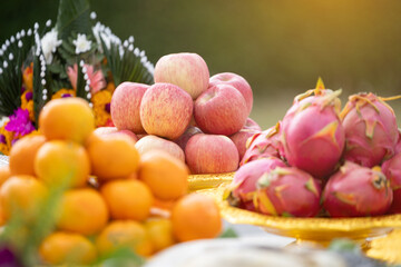 Close-Up of Apple in Fruit Offering Tray for Sacred Ritual