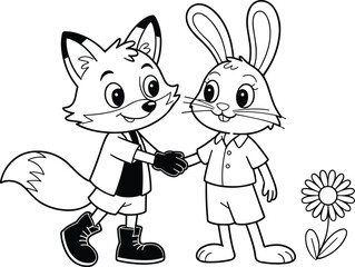 Cute cartoon fox and bunny shaking hands, friendship theme, forest animals, black and white, coloring page, kids illustration
