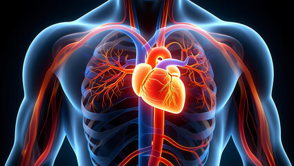 Human circulatory system with glowing heart and arteries