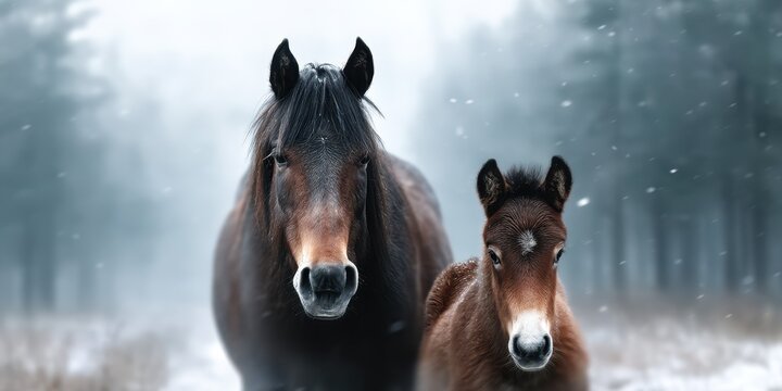 Majestic horses standing together in a snowy forest during winter