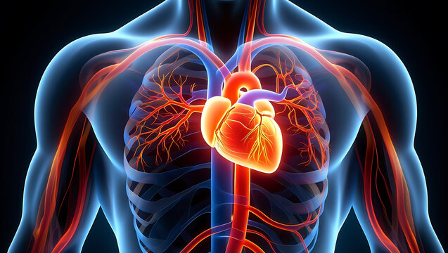 Human circulatory system with glowing heart and arteries