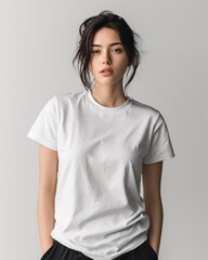Obraz premium Minimalist mockup of a plain white t-shirt on a standing model with neutral background.
