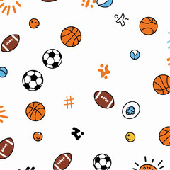 Playful seamless sports theme pattern with various balls and doodles.