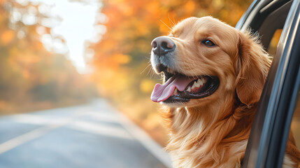 Delightful vector of a cheerful dog with head out car window, embracing the freedom of the road and beautiful outdoors in a joyful and memorable car ride experience.