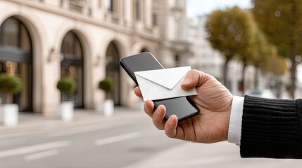 Close Up Hand Holding Smartphone with Email Envelope in City Street
