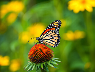 Obraz premium Monarch butterfly resting on a vibrant orange coneflower with a soft green and yellow blurred background