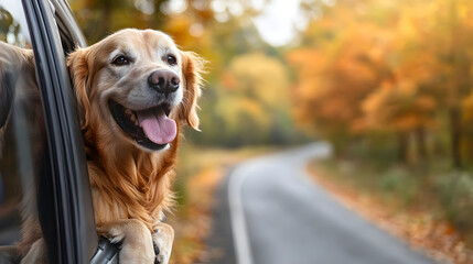 Cute dog eagerly sticking head out of moving car window, relishing fresh breeze and beautiful landscape, embodying fun and memorable journey vibes on a sunny adventure.