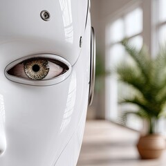 Close Up of a Realistic Robot Face with Digital Emotion Display