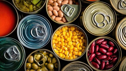 Assorted canned goods in a circular pattern