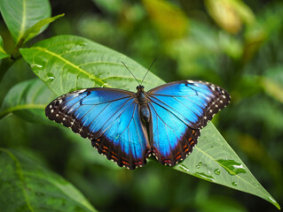 Vibrant blue morpho butterfly with intricate wing patterns resting on a lush green leaf