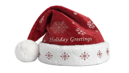 Red velvet santa hat with white fluffy trim and snowflake pattern, reading holiday greetings, isolated on transparent background
